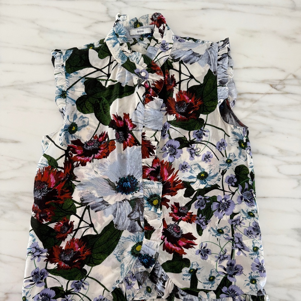 Erdem Floral Ruffle Trim Sleeveless Silk Blouse Size US 6